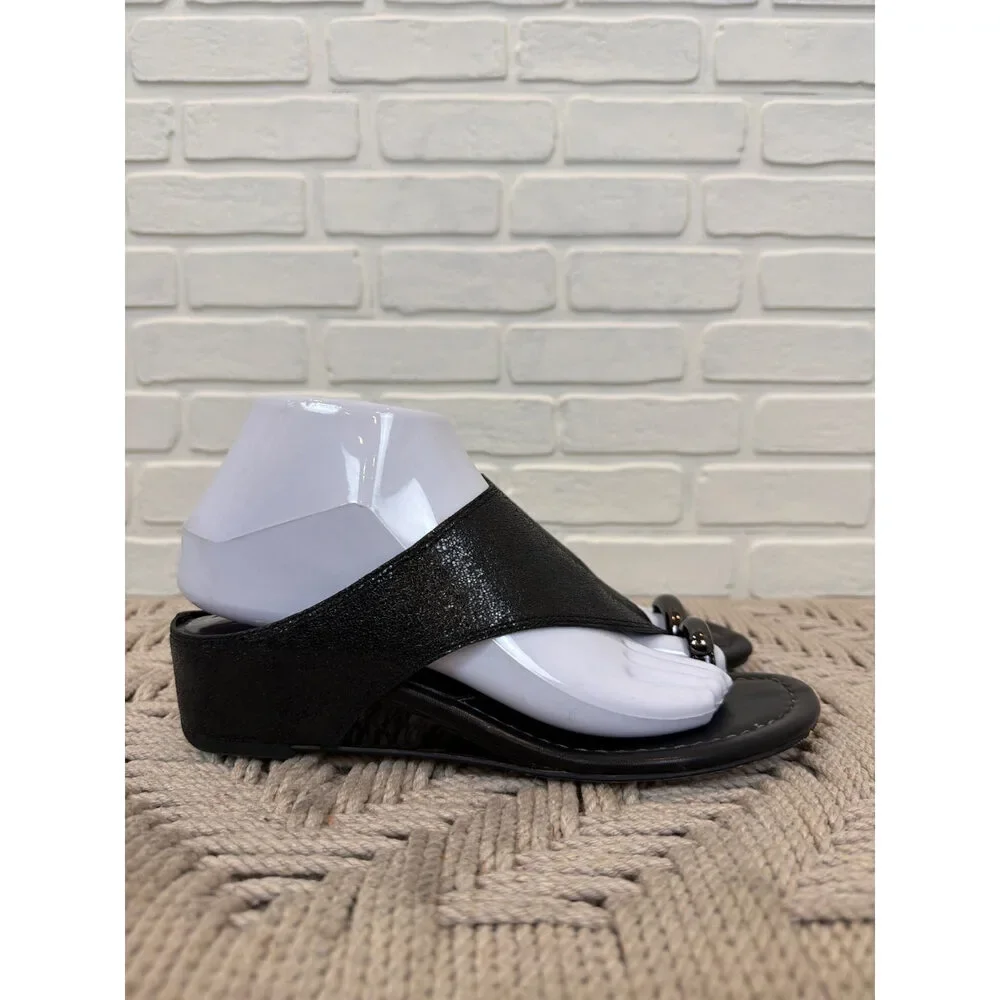 Donald Pliner Vesna Black Metallic Leather Wedge Toe-Ring Sandals 7.5